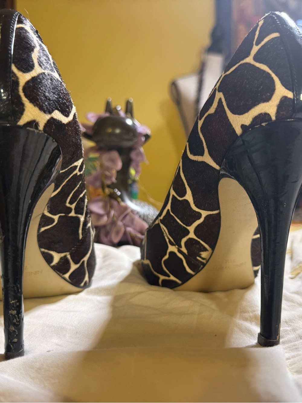 Nine West Giraffe-Print Peep-Toe Stiletto Heels - Black & Cream (Sexy Vintage)